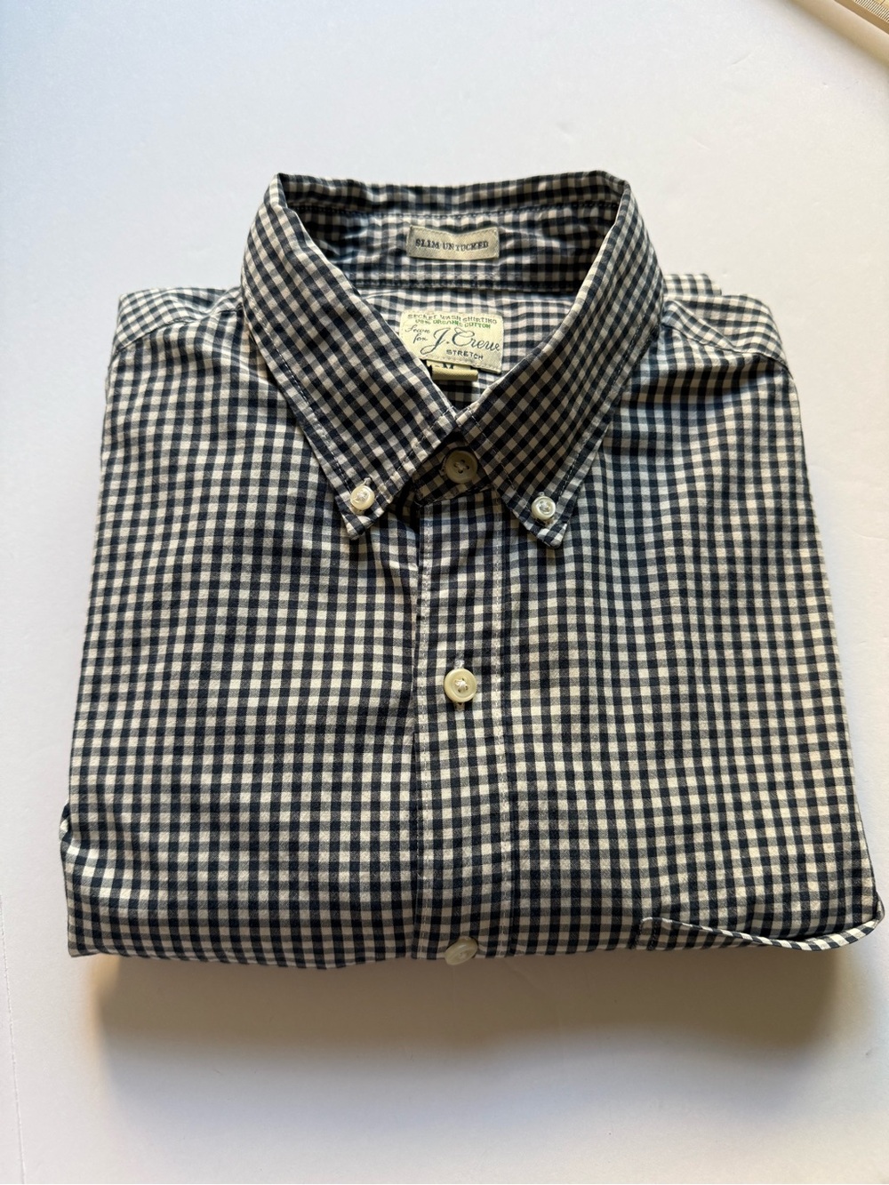 J. Crew Navy and White Organic Cotton Gingham Button-Down Shirt, Size M - Picture 9 of 9